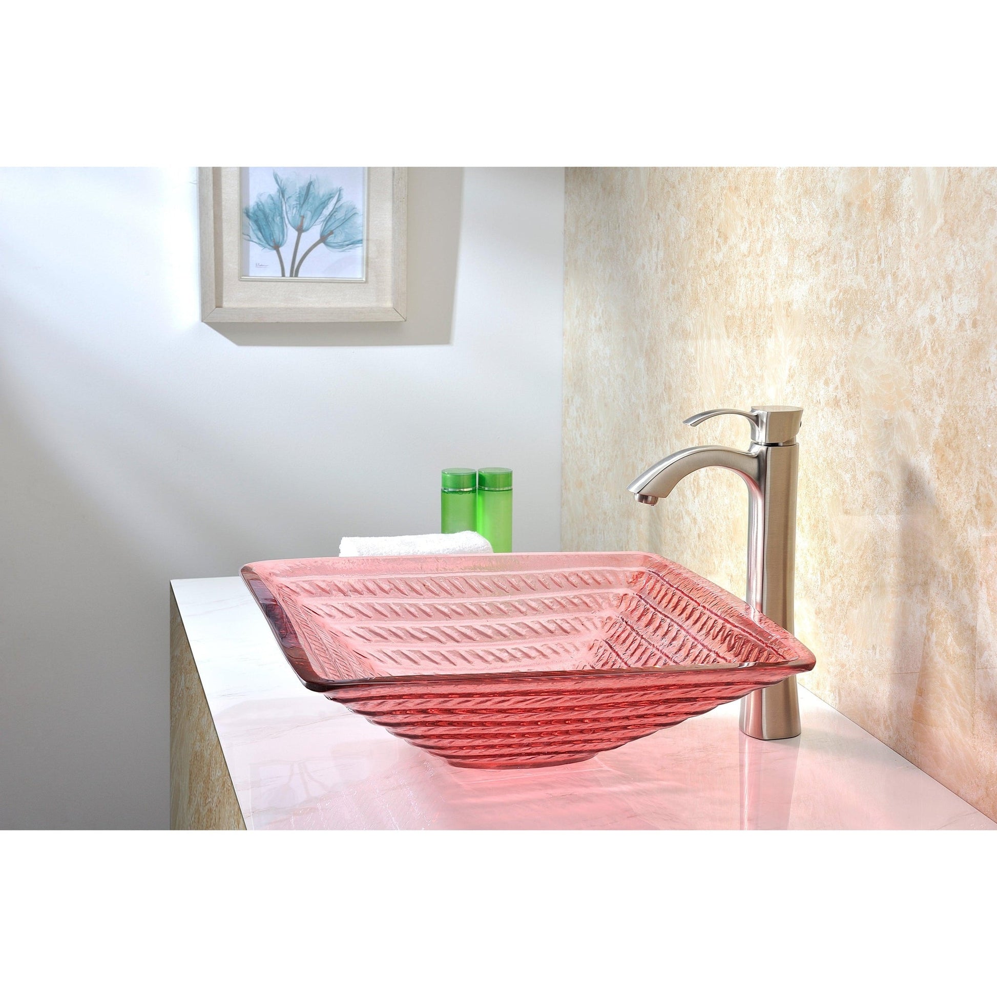 ANZZI Nono Series 18" x 18" Square Shape Lustrous Translucent Red Deco-Glass Vessel Sink With Polished Chrome Pop-Up Drain