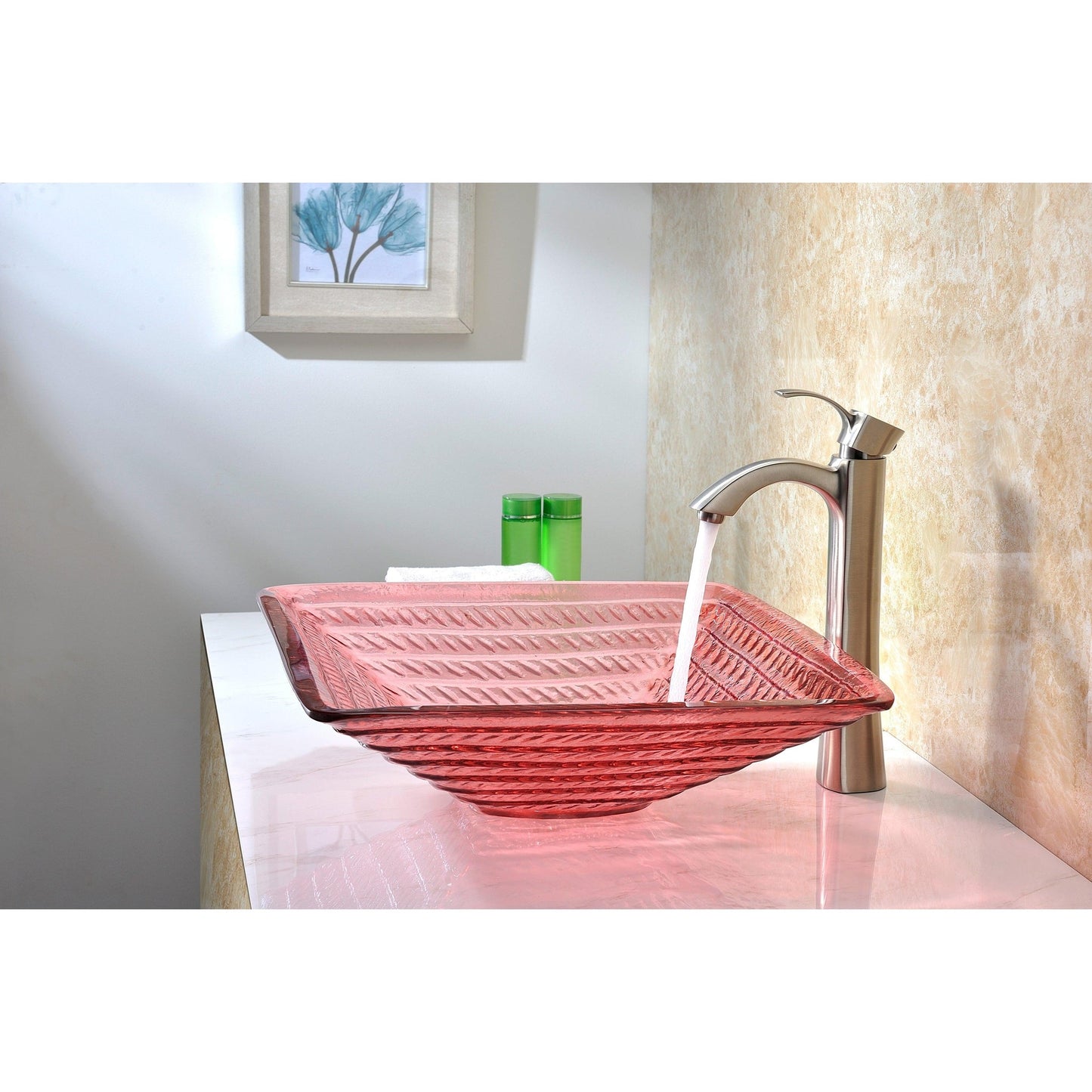 ANZZI Nono Series 18" x 18" Square Shape Lustrous Translucent Red Deco-Glass Vessel Sink With Polished Chrome Pop-Up Drain