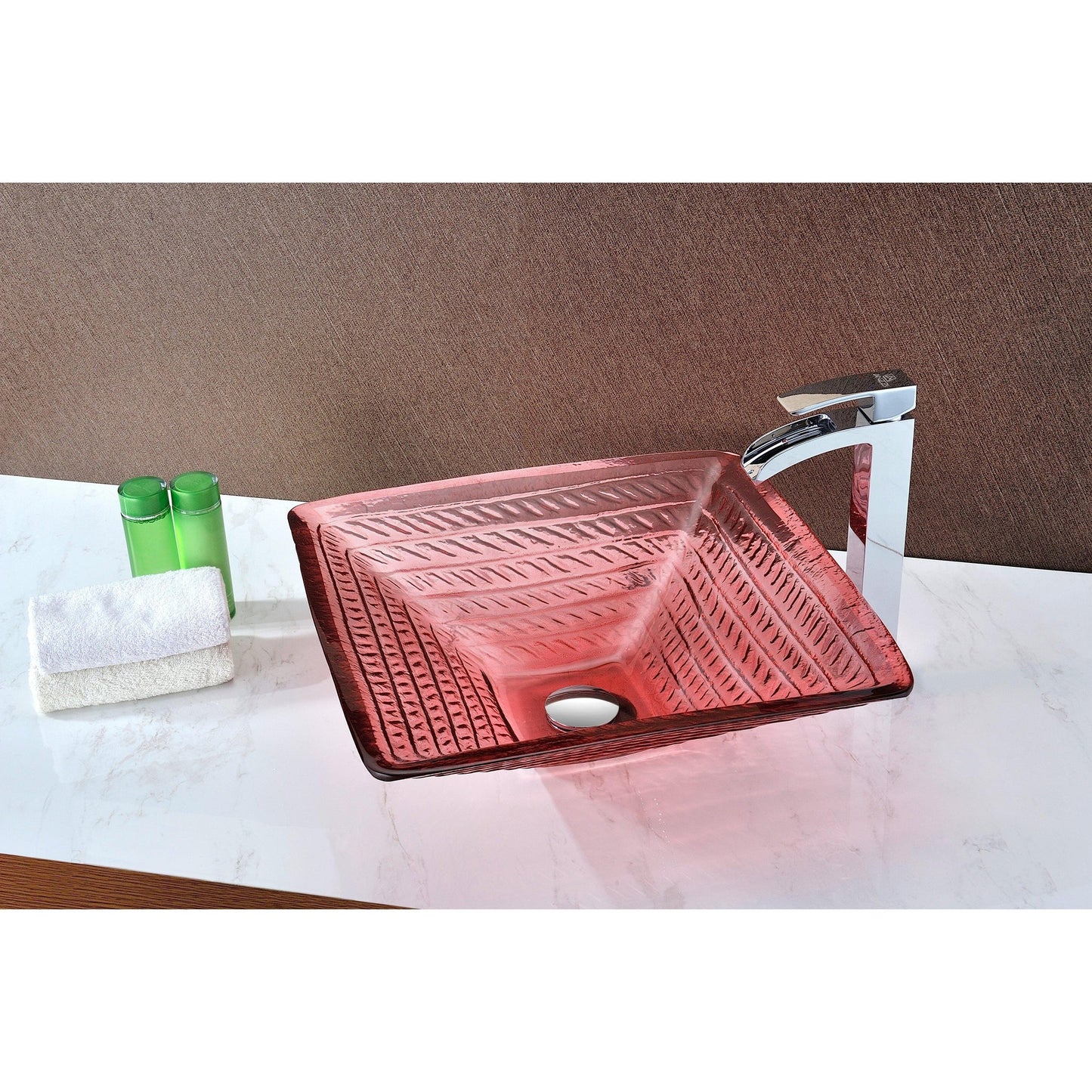 ANZZI Nono Series 18" x 18" Square Shape Lustrous Translucent Red Deco-Glass Vessel Sink With Polished Chrome Pop-Up Drain