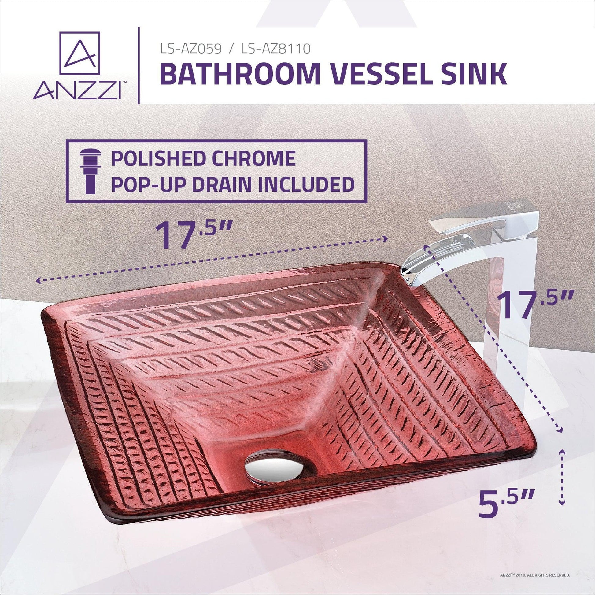 ANZZI Nono Series 18" x 18" Square Shape Lustrous Translucent Red Deco-Glass Vessel Sink With Polished Chrome Pop-Up Drain