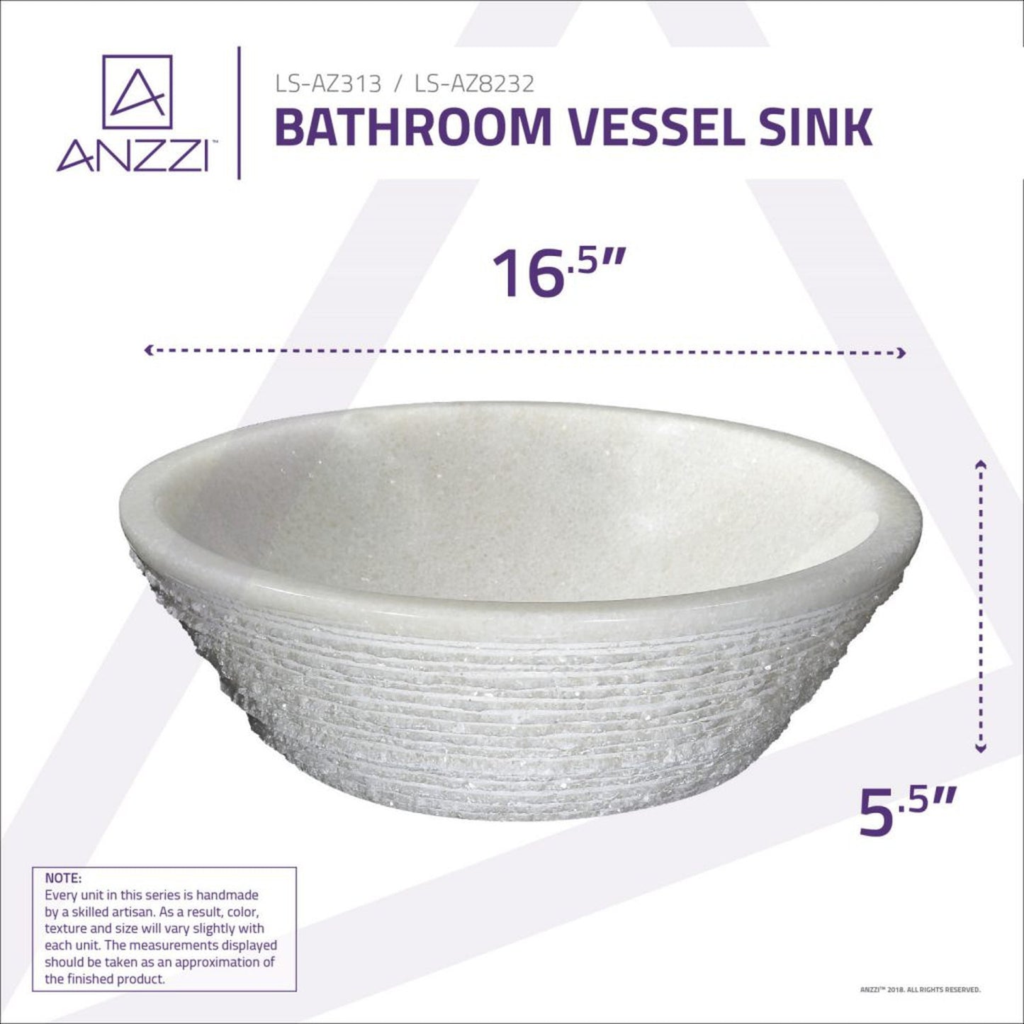 ANZZI Nora Series 17" x 17" Round White Marble Vessel Sink