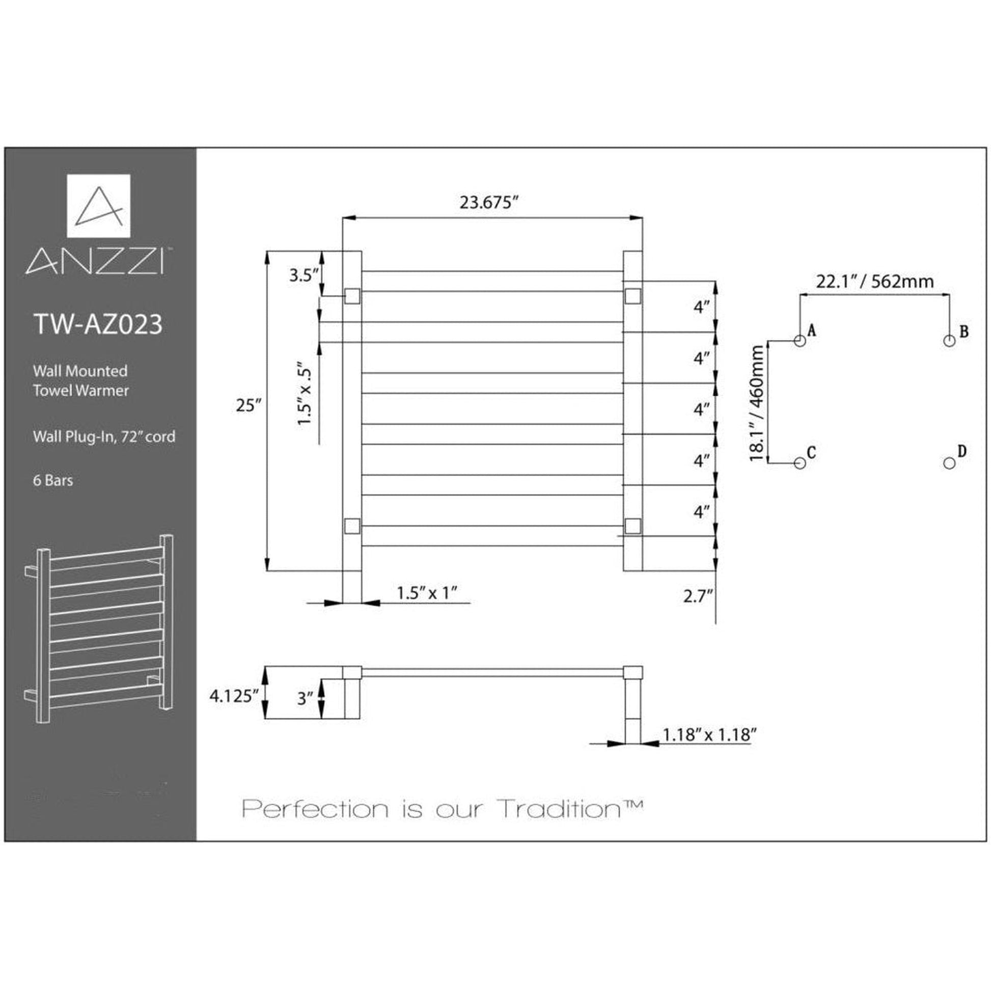 ANZZI Note Series 6-Bar Matte Black Stainless Steel Wall-Mounted Electric Towel Warmer Rack