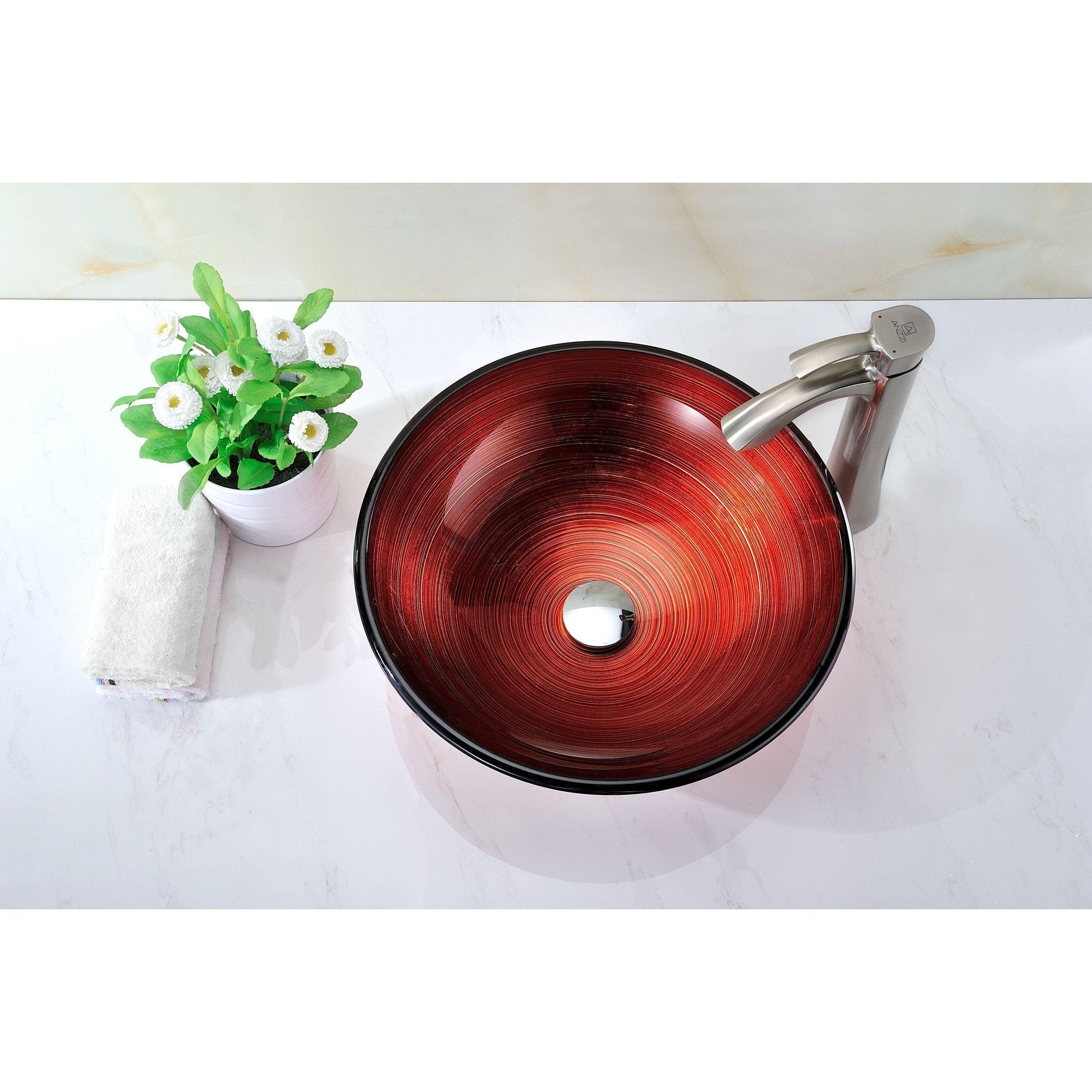 ANZZI Oau Series 17" x 17" Round Lustrous Red Deco-Glass Vessel Sink With Polished Chrome Pop-Up Drain