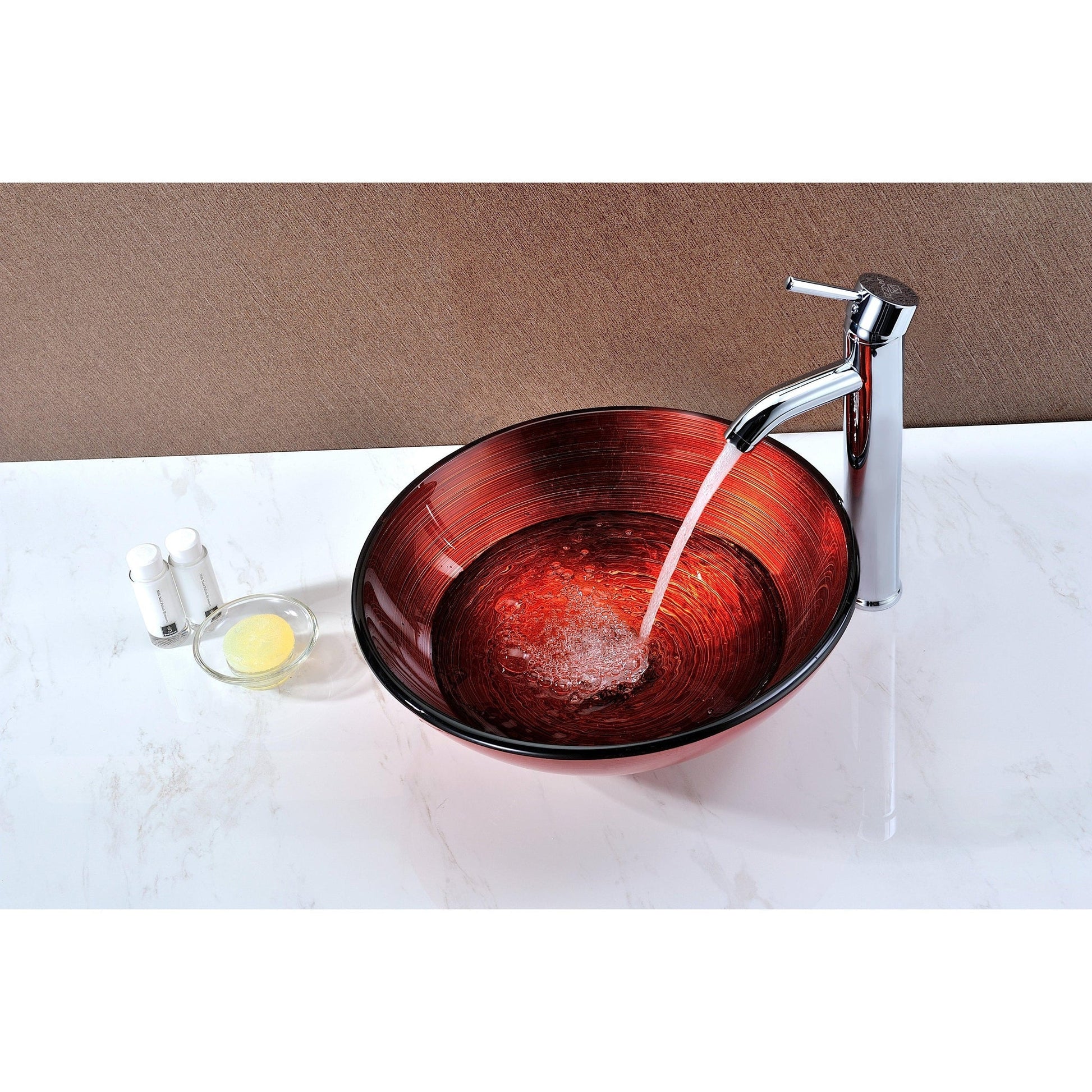 ANZZI Oau Series 17" x 17" Round Lustrous Red Deco-Glass Vessel Sink With Polished Chrome Pop-Up Drain