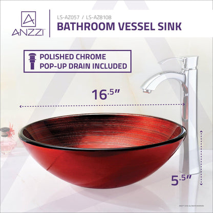 ANZZI Oau Series 17" x 17" Round Lustrous Red Deco-Glass Vessel Sink With Polished Chrome Pop-Up Drain