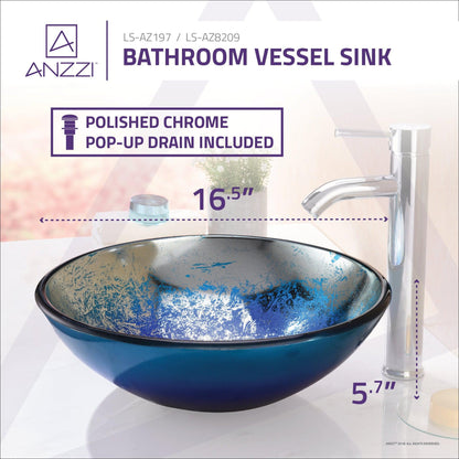 ANZZI Oceana Series 17" x 17" Round Blue Deco-Glass Vessel Sink With Polished Chrome Pop-Up Drain