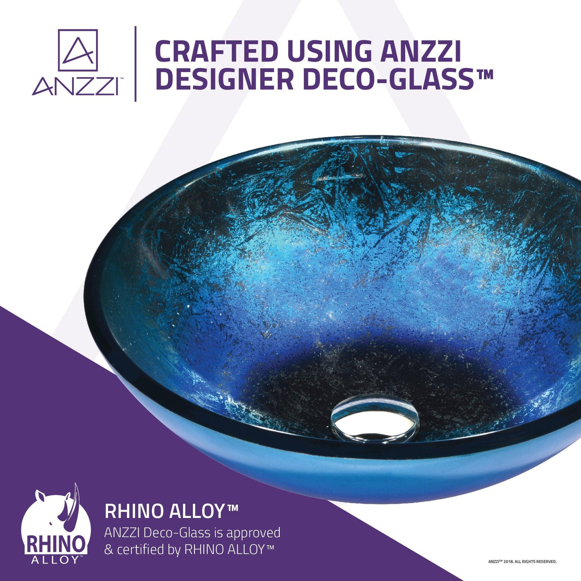 ANZZI Oceana Series 17" x 17" Round Blue Deco-Glass Vessel Sink With Polished Chrome Pop-Up Drain