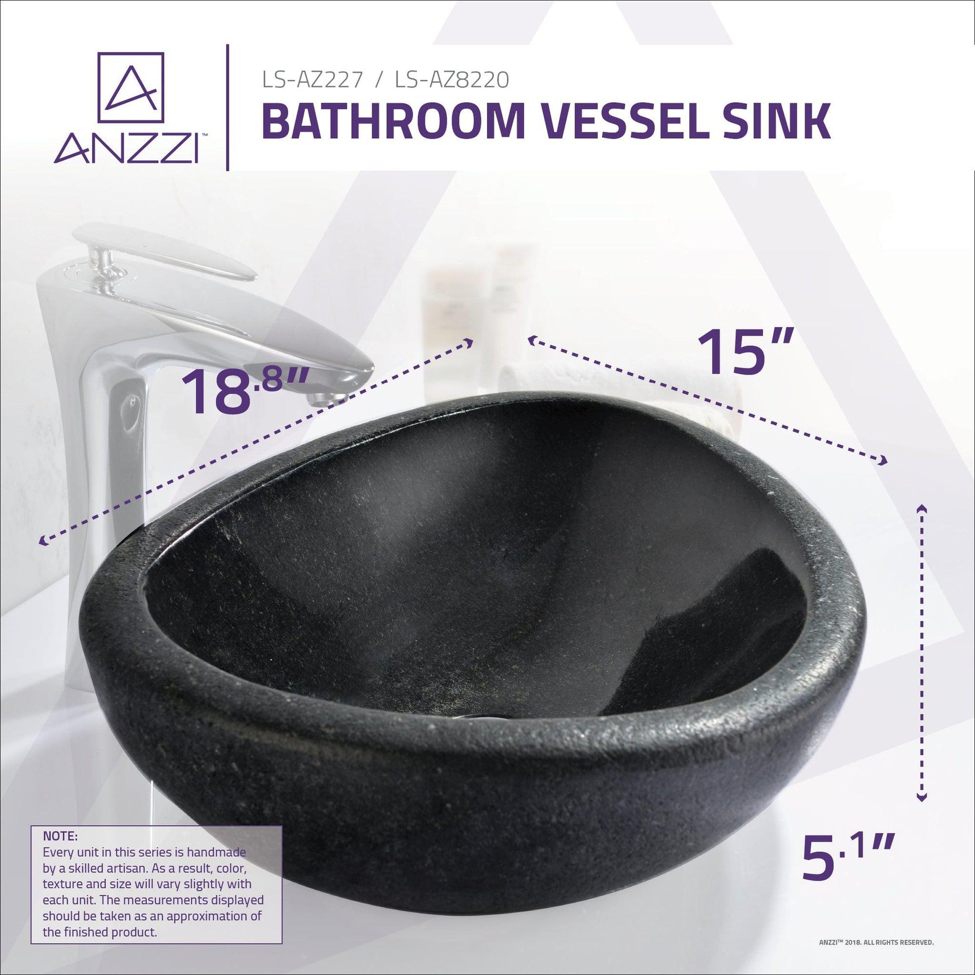 ANZZI Opal Peak Series 19" x 15" Oval Shape Black Vessel Sink