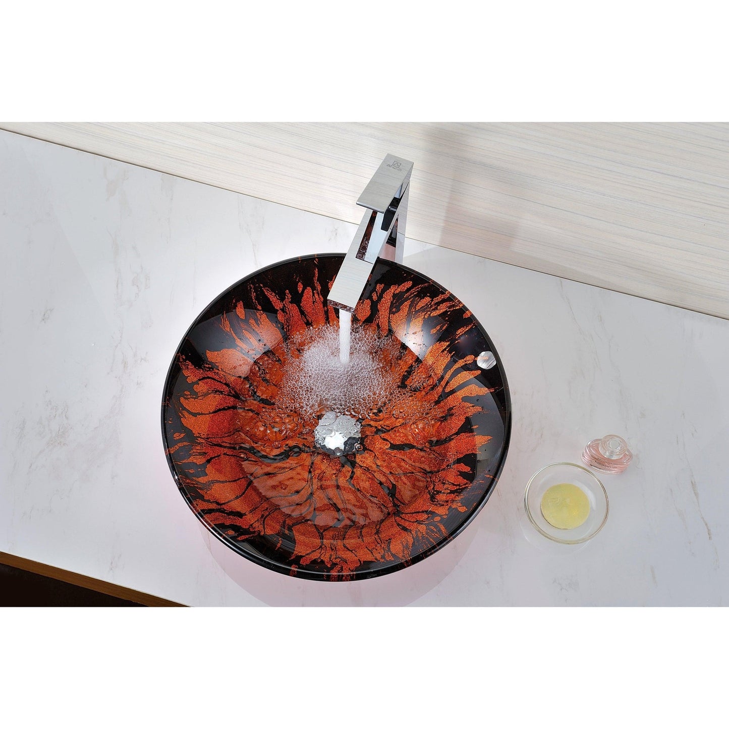 ANZZI Ore Series 18" x 18" Round Lustrous Red and Black Deco-Glass Vessel Sink With Polished Chrome Pop-Up Drain