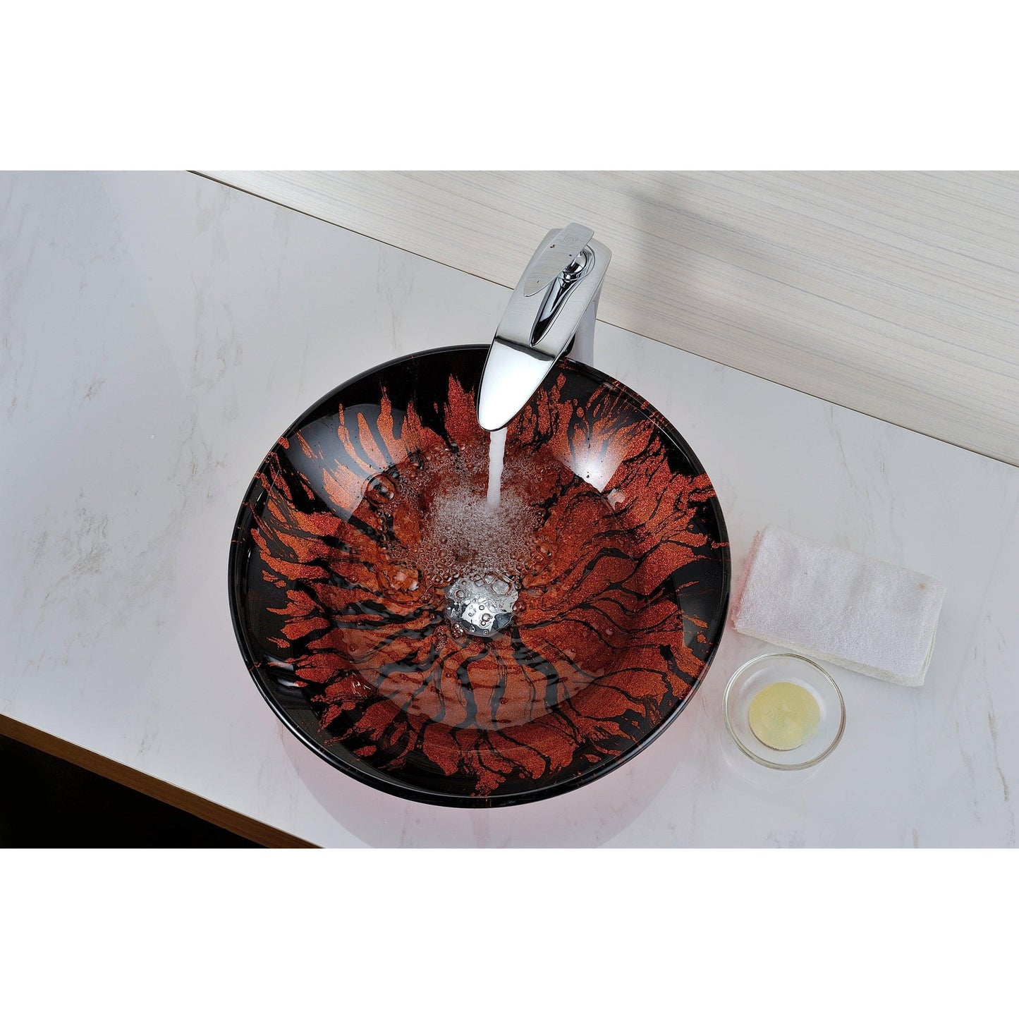 ANZZI Ore Series 18" x 18" Round Lustrous Red and Black Deco-Glass Vessel Sink With Polished Chrome Pop-Up Drain