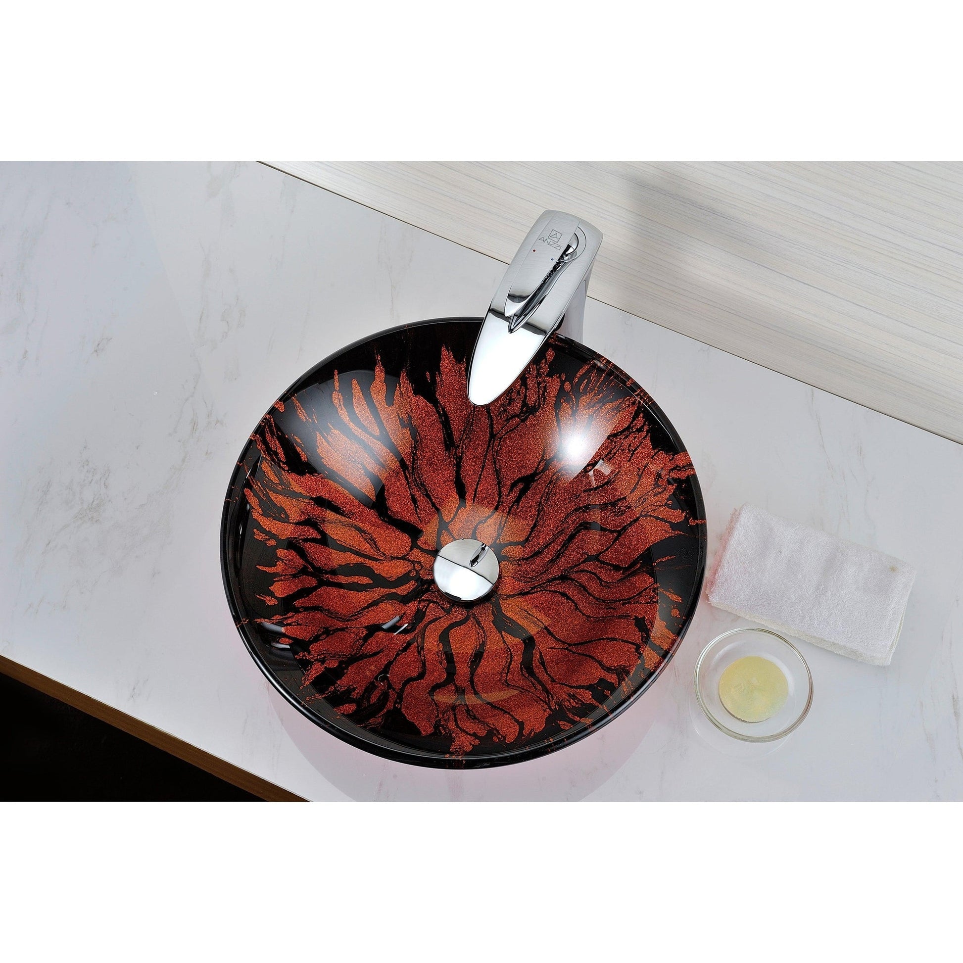 ANZZI Ore Series 18" x 18" Round Lustrous Red and Black Deco-Glass Vessel Sink With Polished Chrome Pop-Up Drain