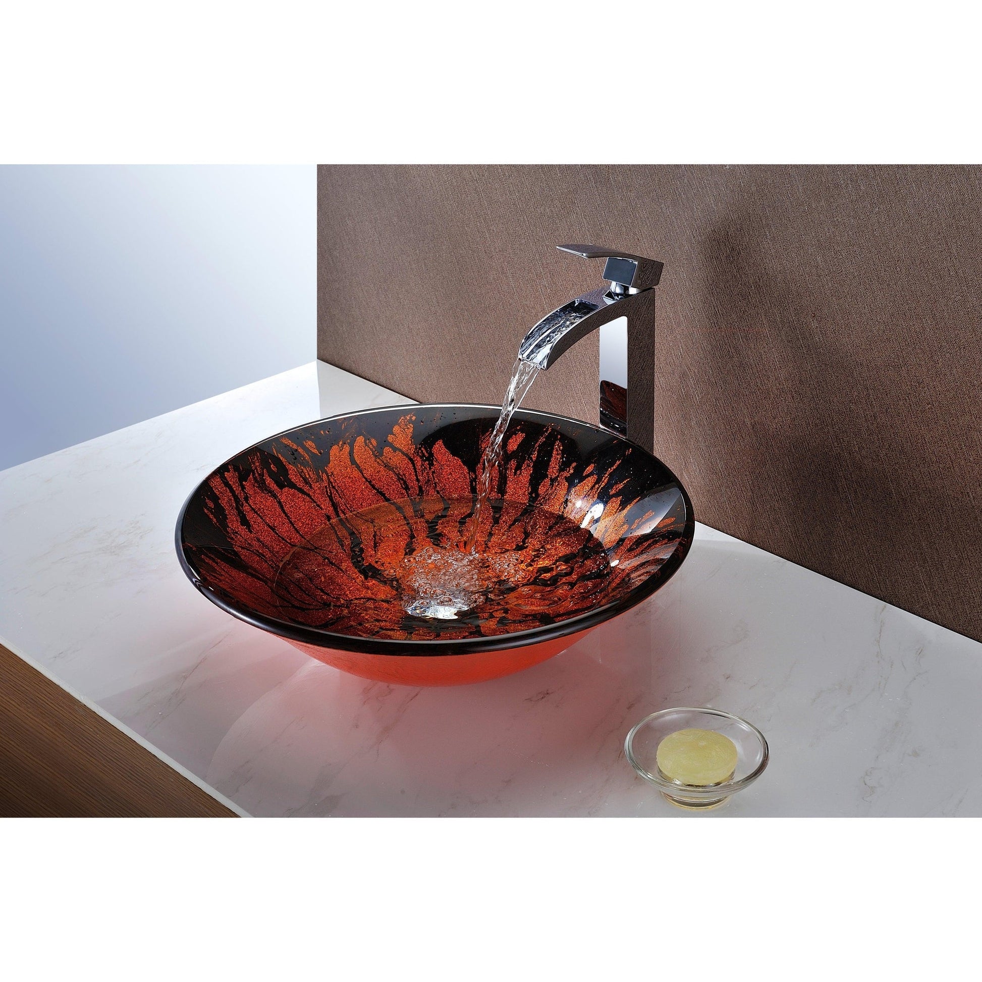 ANZZI Ore Series 18" x 18" Round Lustrous Red and Black Deco-Glass Vessel Sink With Polished Chrome Pop-Up Drain