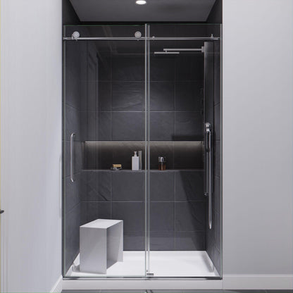 ANZZI Padrona Series 48" x 76" Frameless Rectangular Polished Chrome Sliding Shower Door With Handle and Tsunami Guard