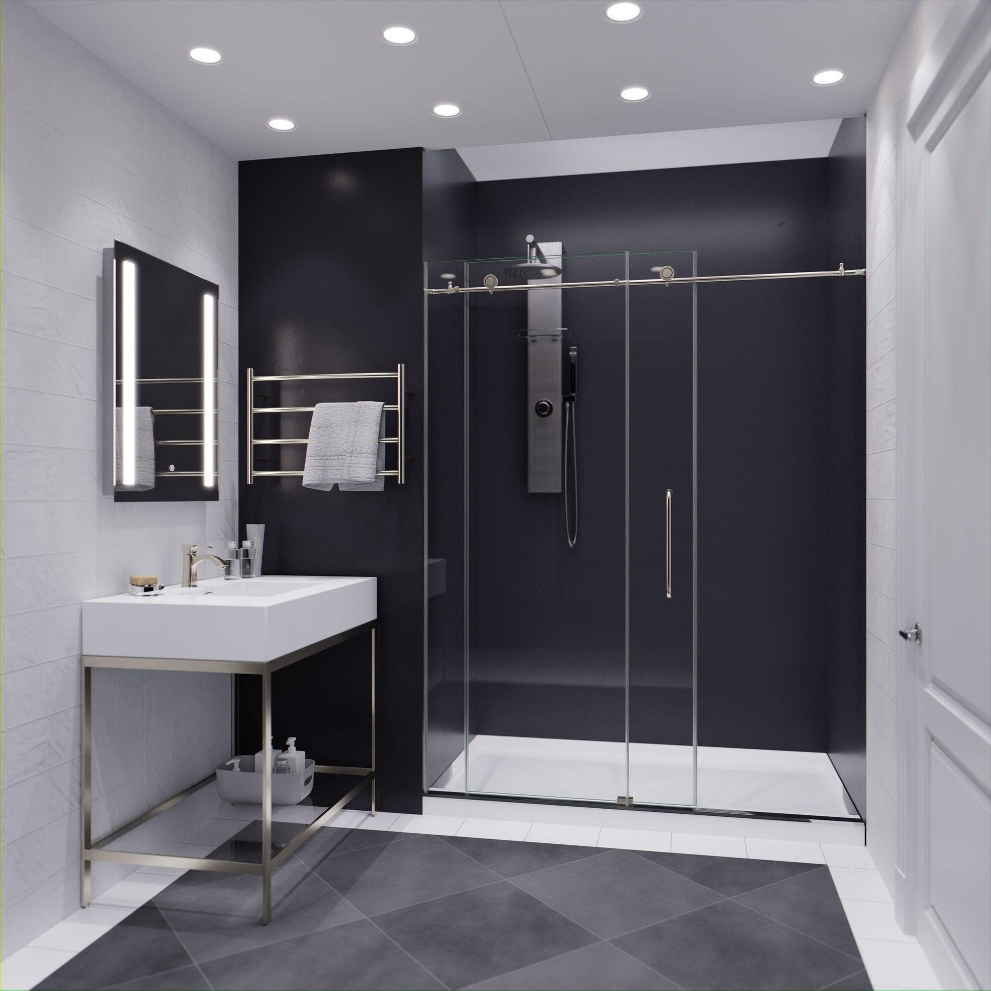 ANZZI Padrona Series 60" x 76" Frameless Rectangular Brushed Nickel Sliding Shower Door With Handle and Tsunami Guard