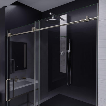 ANZZI Padrona Series 60" x 76" Frameless Rectangular Brushed Nickel Sliding Shower Door With Handle and Tsunami Guard