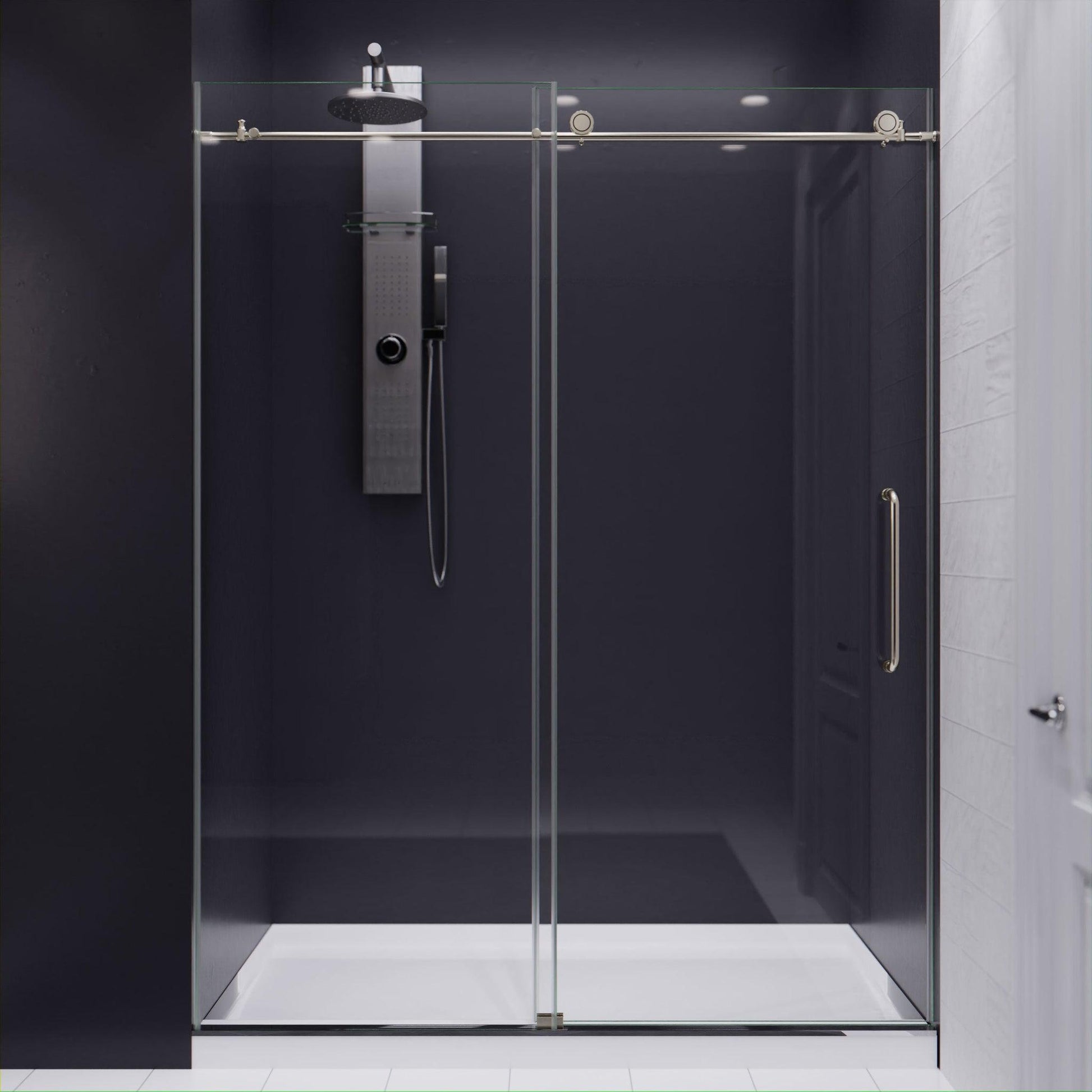 ANZZI Padrona Series 60" x 76" Frameless Rectangular Brushed Nickel Sliding Shower Door With Handle and Tsunami Guard