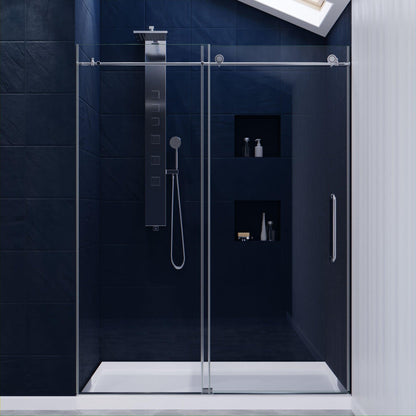 ANZZI Padrona Series 60" x 76" Frameless Rectangular Polished Chrome Sliding Shower Door With Handle and Tsunami Guard