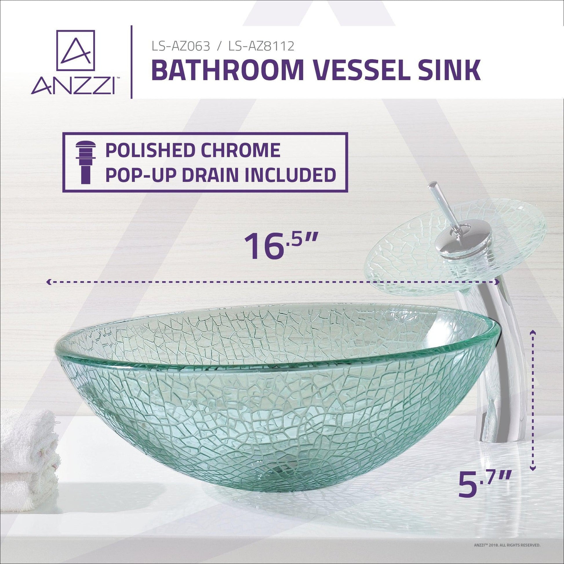 ANZZI Paeva Series 17" x 17" Round Crystal Clear Deco-Glass Vessel Sink With Polished Chrome Pop-Up Drain and Waterfall Faucet