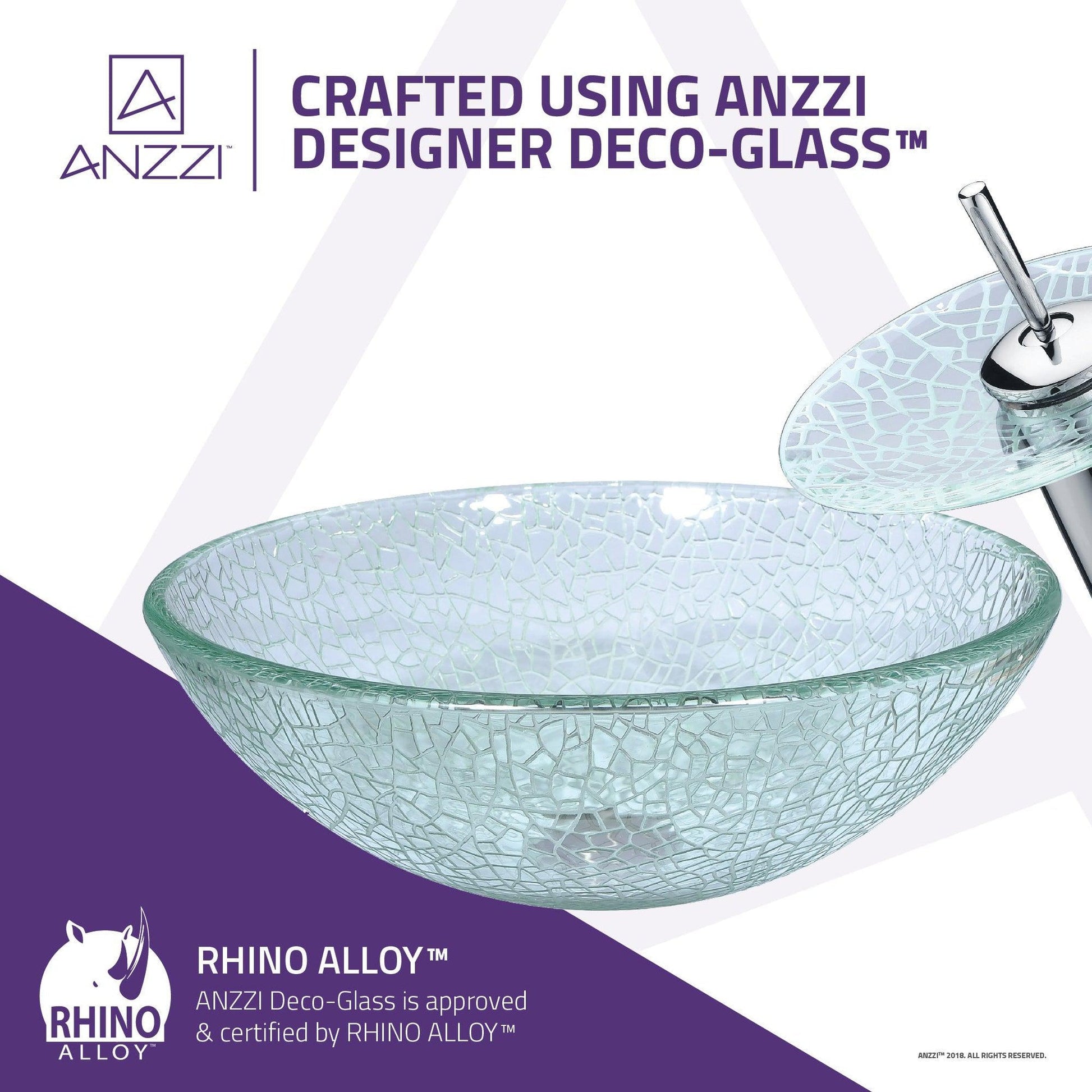 ANZZI Paeva Series 17" x 17" Round Crystal Clear Deco-Glass Vessel Sink With Polished Chrome Pop-Up Drain and Waterfall Faucet