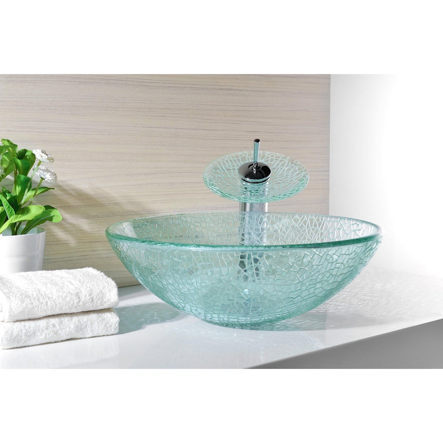 ANZZI Paeva Series 17" x 17" Round Crystal Clear Deco-Glass Vessel Sink With Polished Chrome Pop-Up Drain and Waterfall Faucet