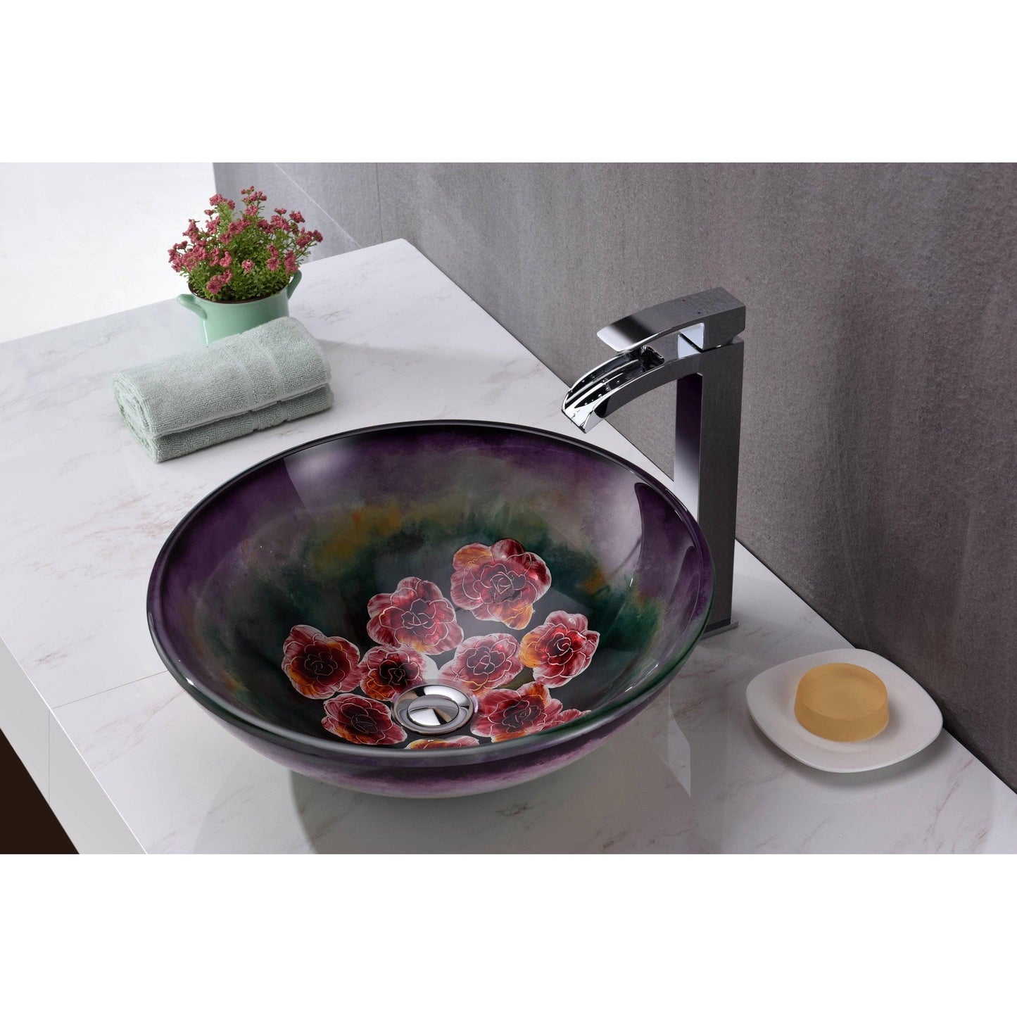 ANZZI Panye Series 17" x 17" Purple Hand Painted Mural Deco-Glass Vessel Sink With Polished Chrome Pop-Up Drain