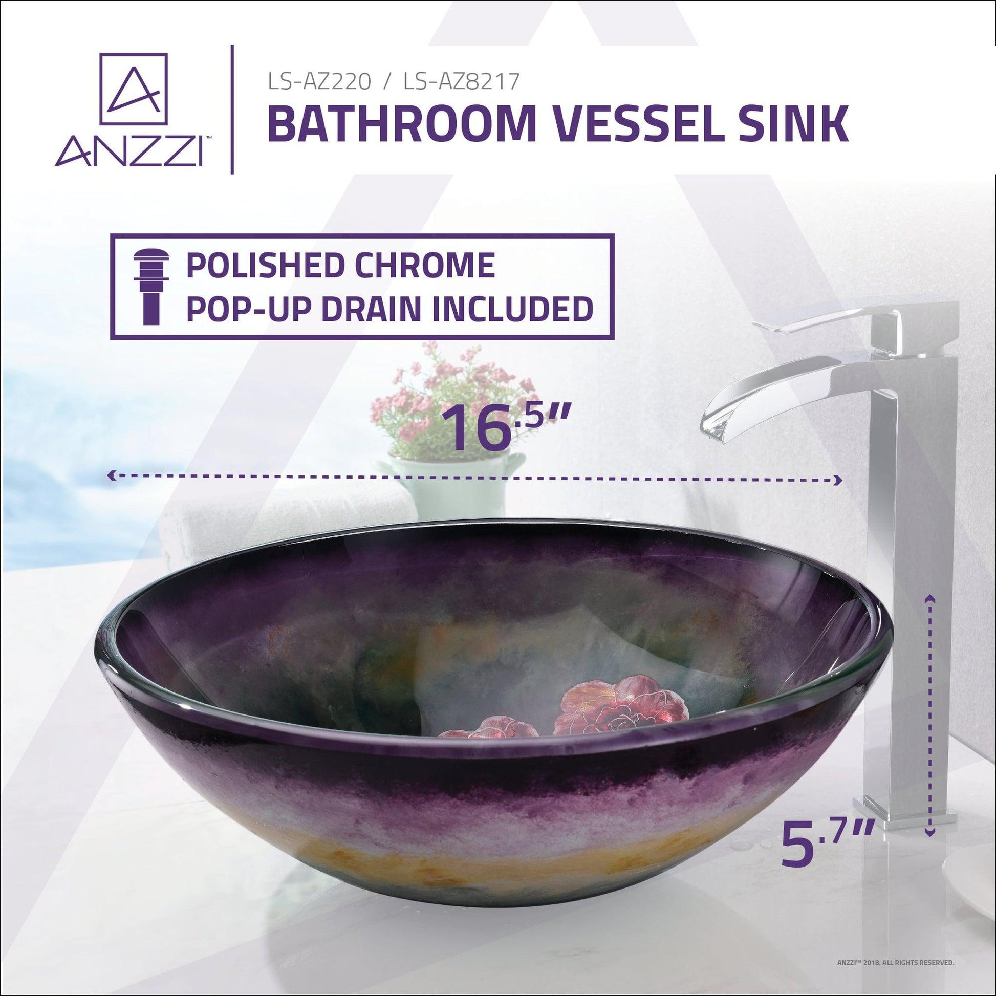 ANZZI Panye Series 17" x 17" Purple Hand Painted Mural Deco-Glass Vessel Sink With Polished Chrome Pop-Up Drain