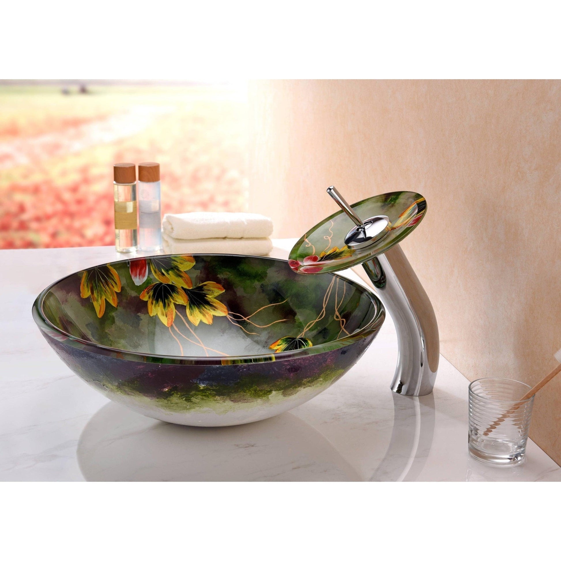 ANZZI Panye Series 17" x 17" Round Green Hand Painted Mural Deco-Glass Vessel Sink With Polished Chrome Pop-Up Drain and Waterfall Faucet