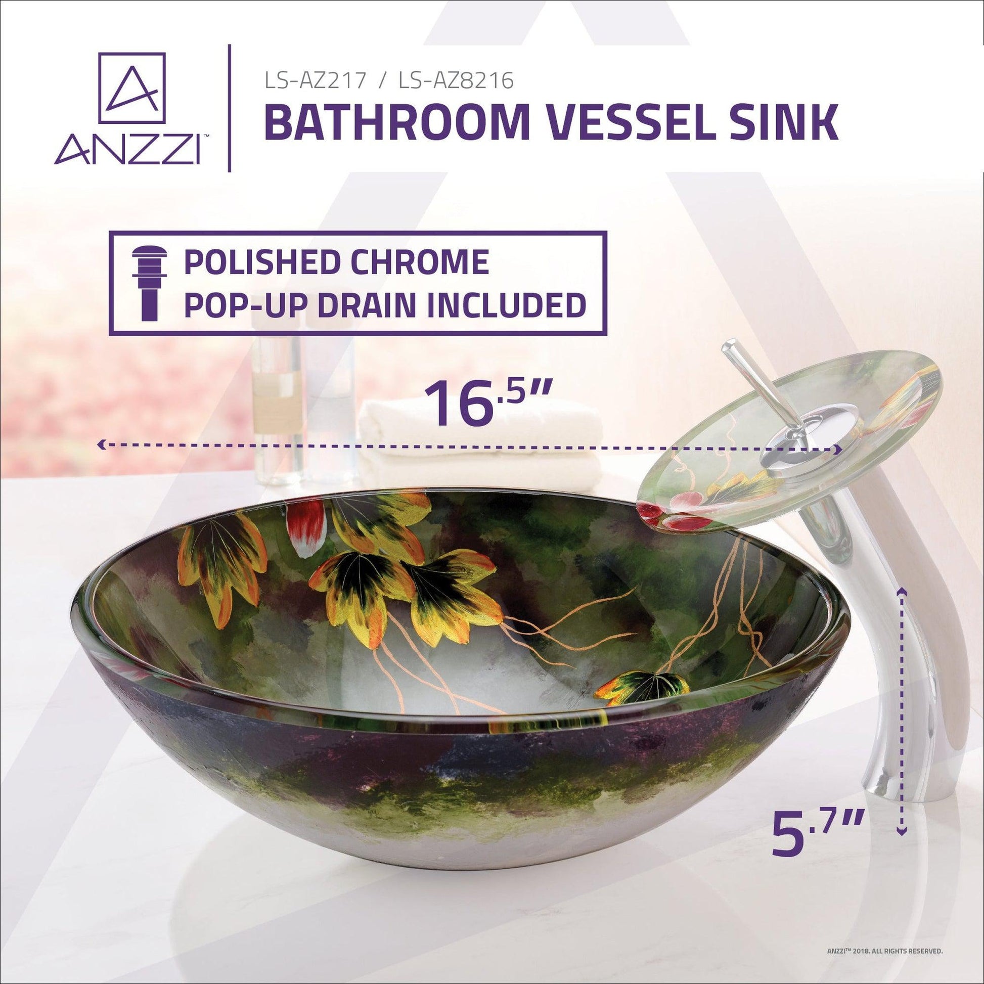 ANZZI Panye Series 17" x 17" Round Green Hand Painted Mural Deco-Glass Vessel Sink With Polished Chrome Pop-Up Drain and Waterfall Faucet