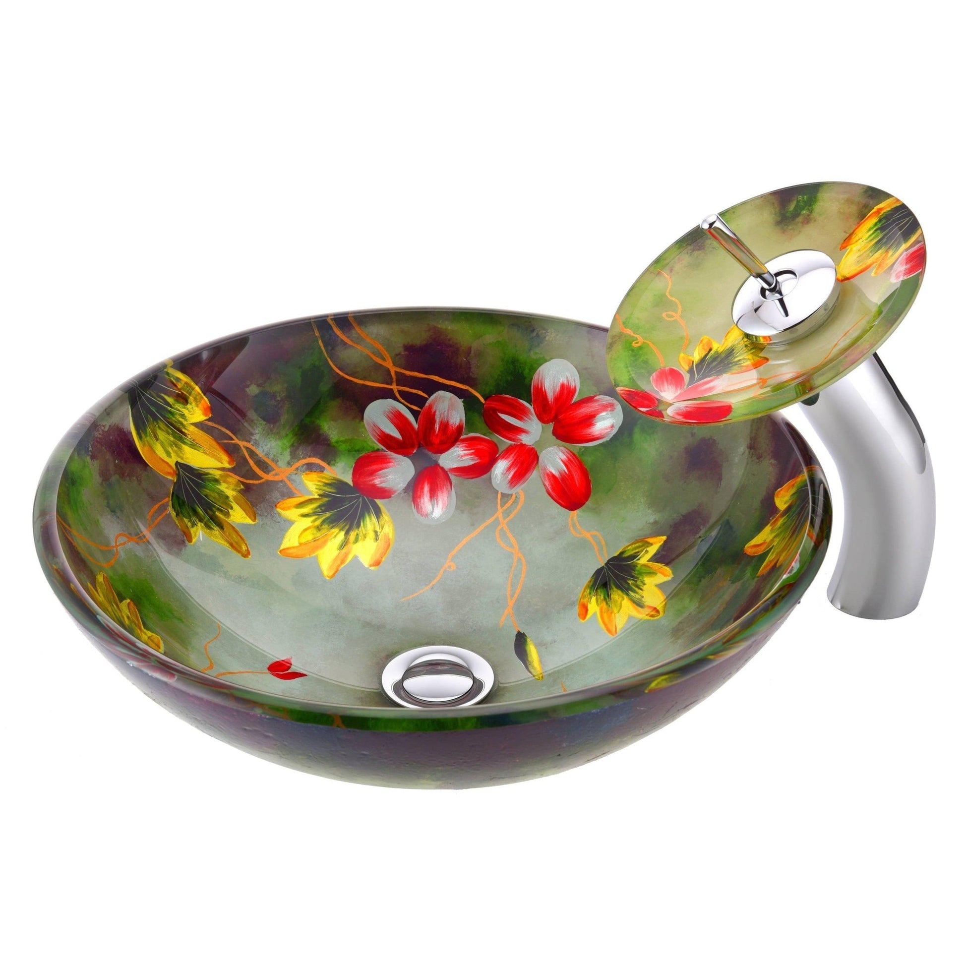 ANZZI Panye Series 17" x 17" Round Green Hand Painted Mural Deco-Glass Vessel Sink With Polished Chrome Pop-Up Drain and Waterfall Faucet