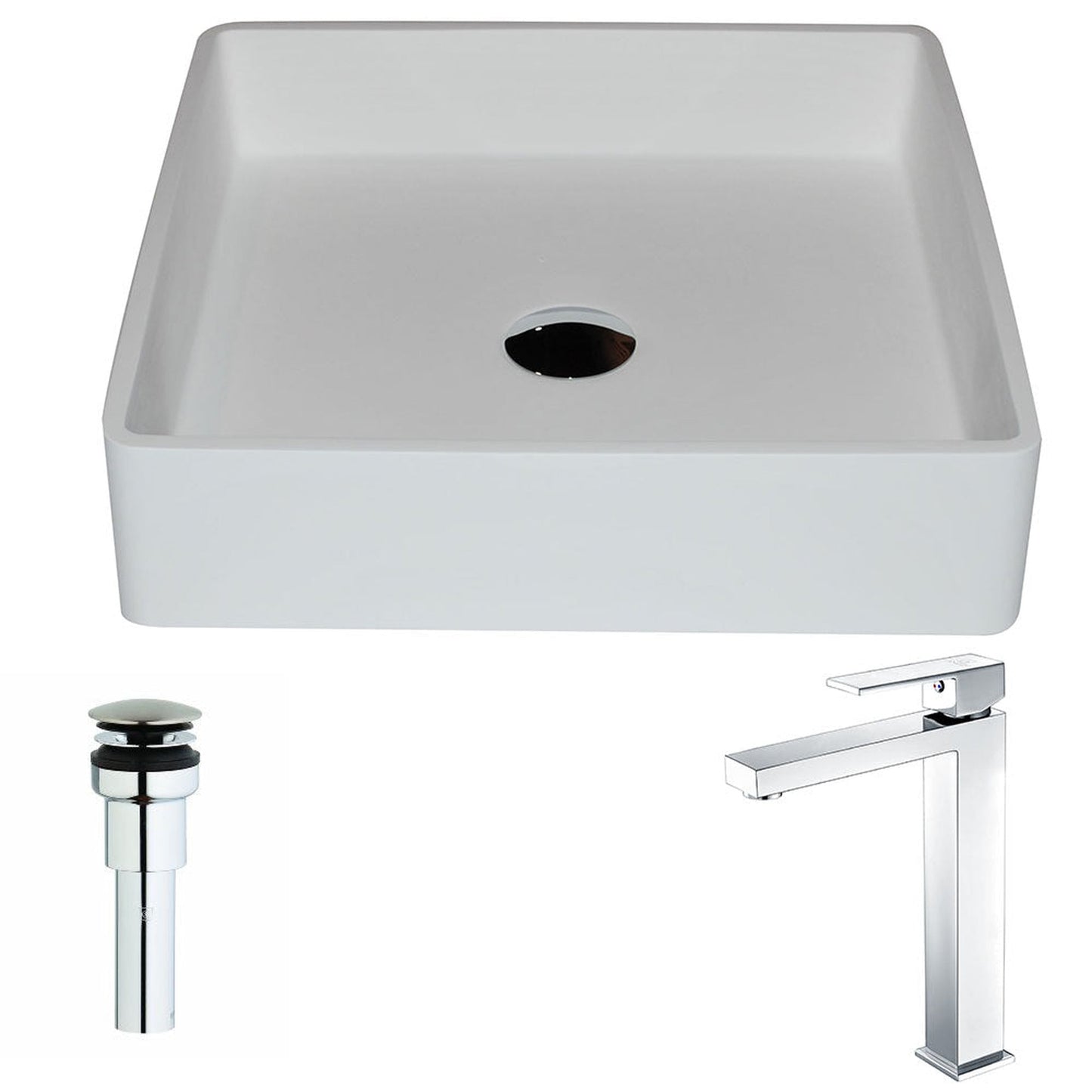 ANZZI Passage Series 16" x 16" Square Shape Matte White Sink With Brushed Nickel Key Vessel Faucet and Pop-up Drain