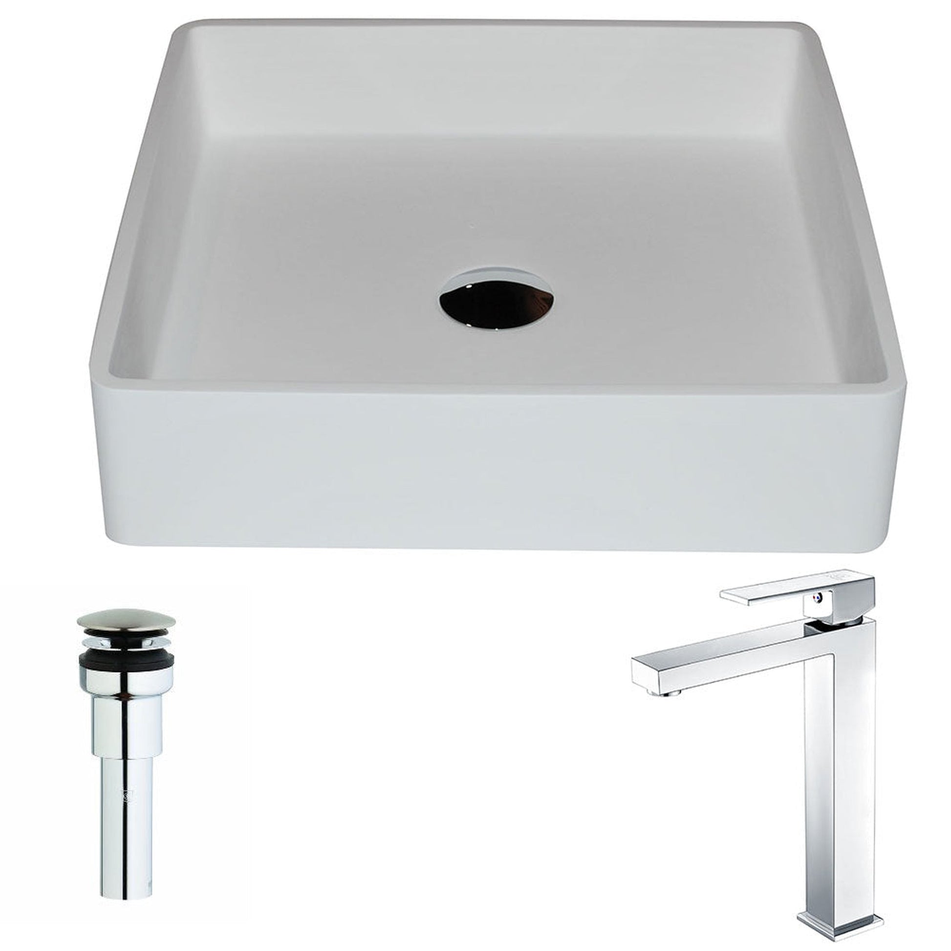 ANZZI Passage Series 16" x 16" Square Shape Matte White Vessel Sink With Polished Chrome Enti Vessel Faucet and Pop-up Drain