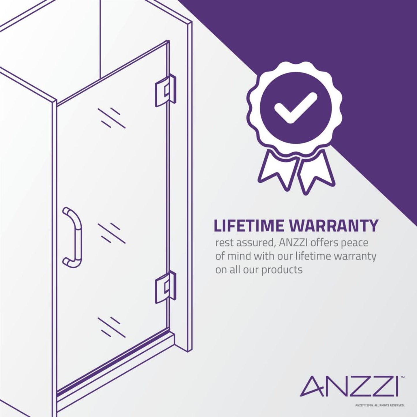 ANZZI Passion Series 24" x 72" Frameless Rectangular Brushed Nickel Hinged Shower Door With Handle and Tsunami Guard