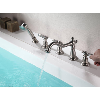 ANZZI Patriarch Series 3-Handle Brushed Nickel Roman Tub Faucet With Euro-Grip Handheld Sprayer