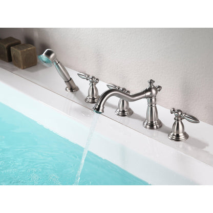 ANZZI Patriarch Series 3-Handle Brushed Nickel Roman Tub Faucet With Euro-Grip Handheld Sprayer