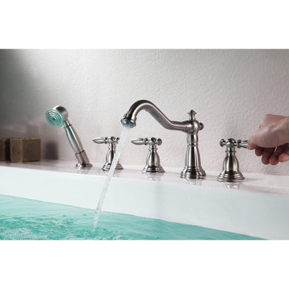 ANZZI Patriarch Series 3-Handle Brushed Nickel Roman Tub Faucet With Euro-Grip Handheld Sprayer