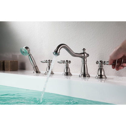 ANZZI Patriarch Series 3-Handle Brushed Nickel Roman Tub Faucet With Euro-Grip Handheld Sprayer