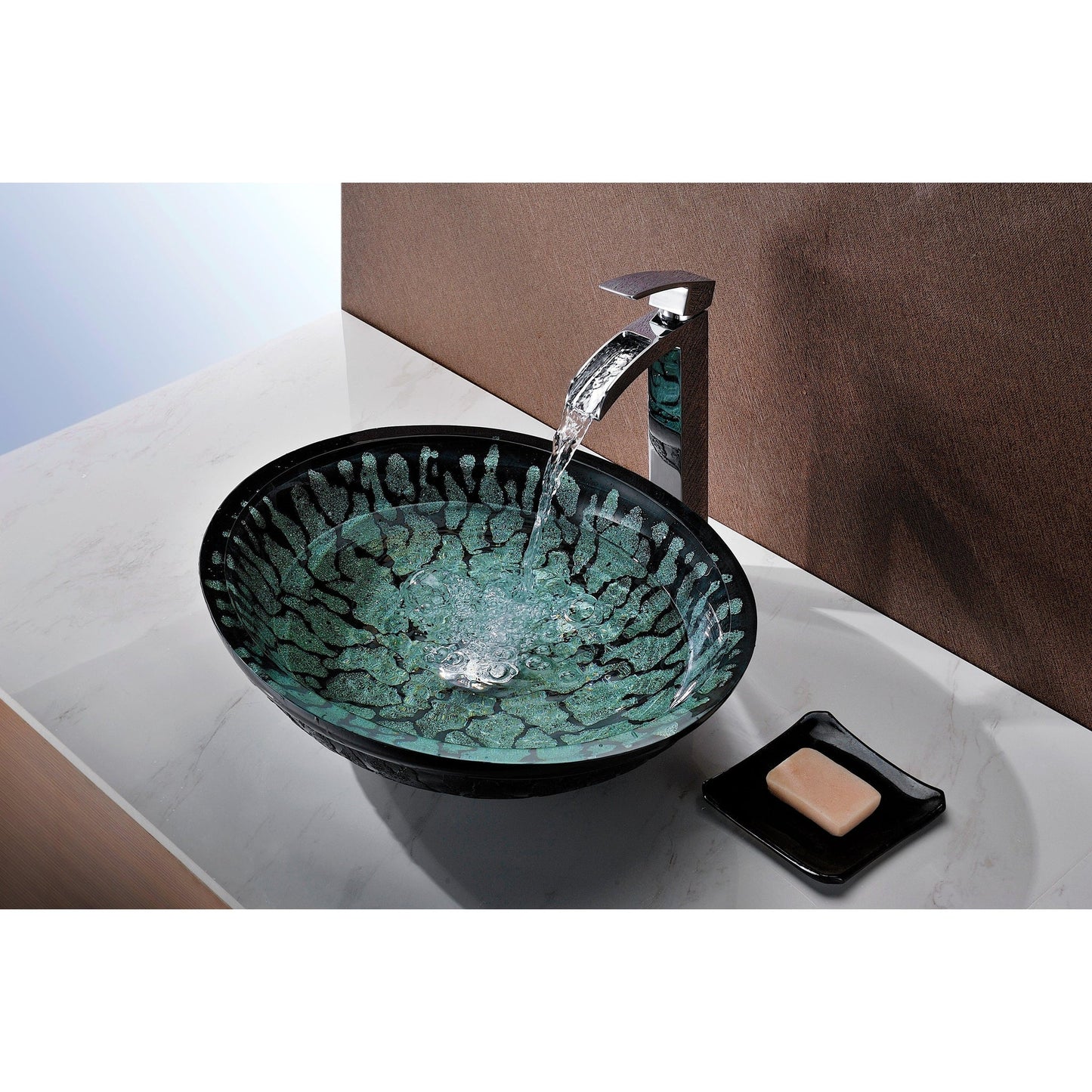 ANZZI Patuvendi Series 19" x 16" Oval Shaped Lustrous Black Deco-Glass Vessel Sink With Polished Chrome Pop-Up Drain