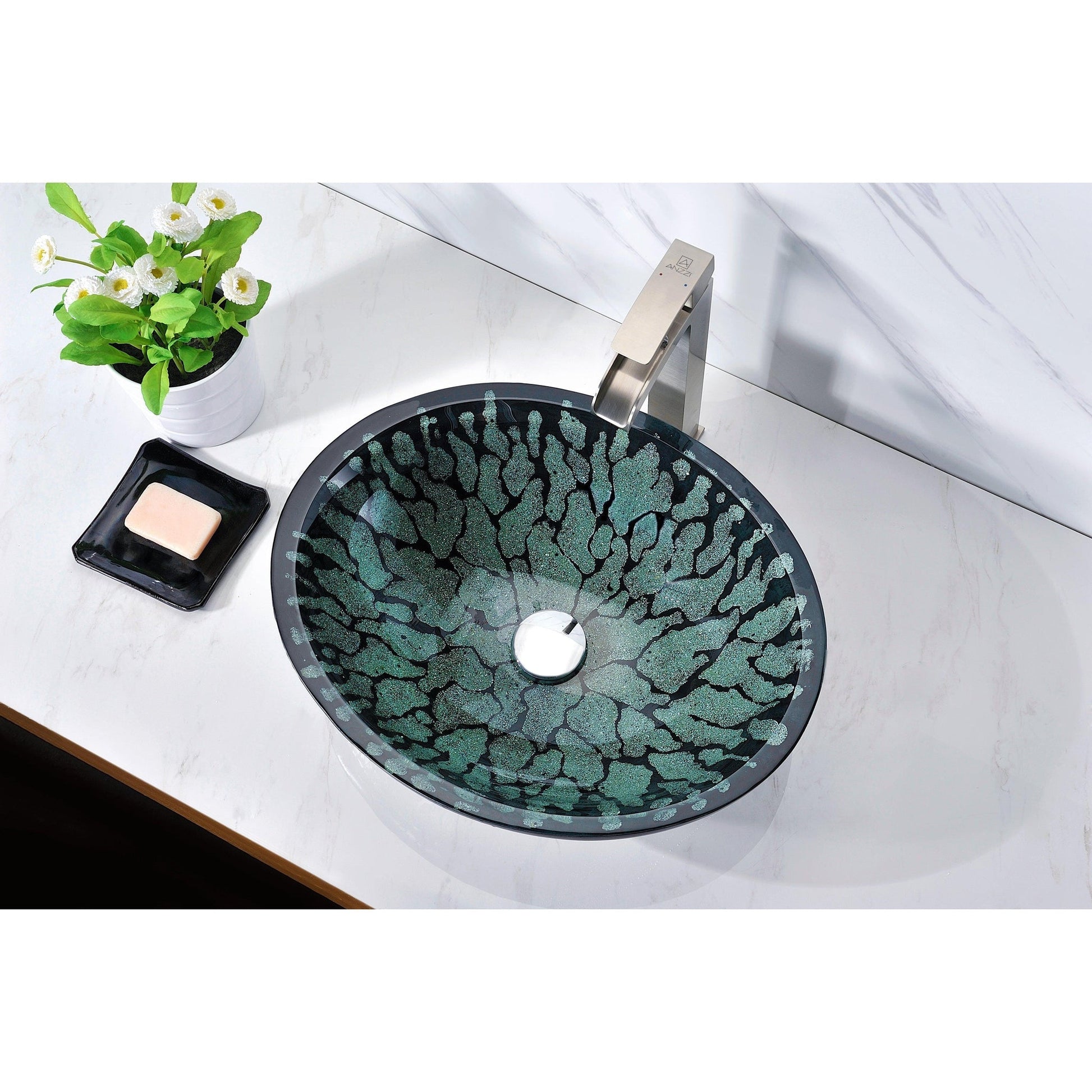 ANZZI Patuvendi Series 19" x 16" Oval Shaped Lustrous Black Deco-Glass Vessel Sink With Polished Chrome Pop-Up Drain