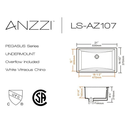 ANZZI Pegasus Series 21" x 15" Rectangular Glossy White Undermount Sink With Built-In Overflow