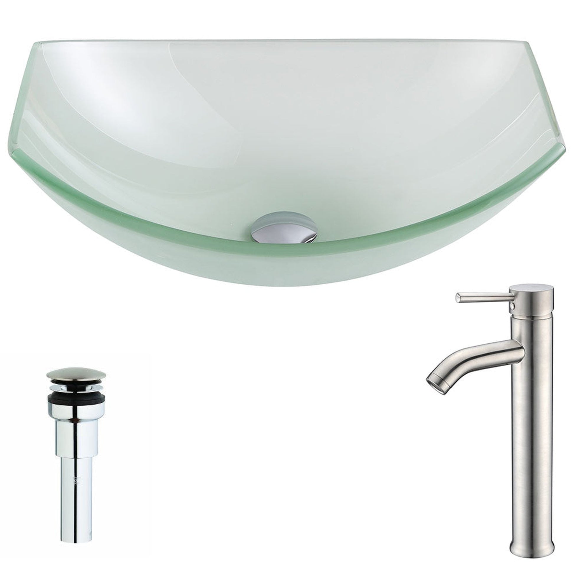 ANZZI Pendant Series 20" x 15" Oval Shape Lustrous Frosted Deco-Glass Vessel Sink With Polished Chrome Pop-Up Drain and Brushed Nickel Fann Faucet