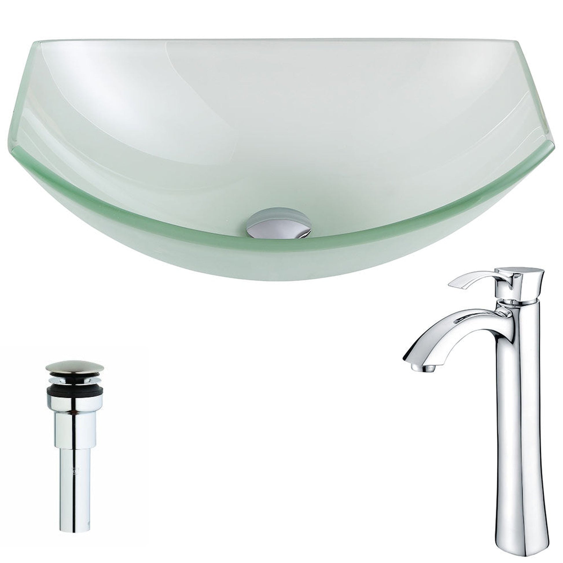 ANZZI Pendant Series 20" x 15" Oval Shape Lustrous Frosted Deco-Glass Vessel Sink With Polished Chrome Pop-Up Drain and Harmony Faucet