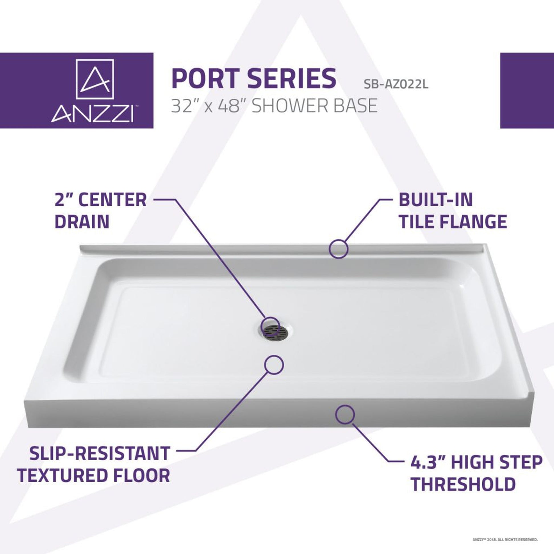 ANZZI Port Series 36" x 48" Center Drain Double Threshold White Shower Base With Built-in Tile Flange