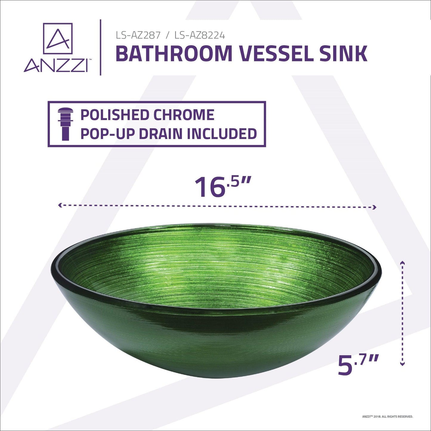 ANZZI Posh Series 17" x 17" Round Brushed Green Deco-Glass Vessel Sink With Polished Chrome Pop-Up Drain