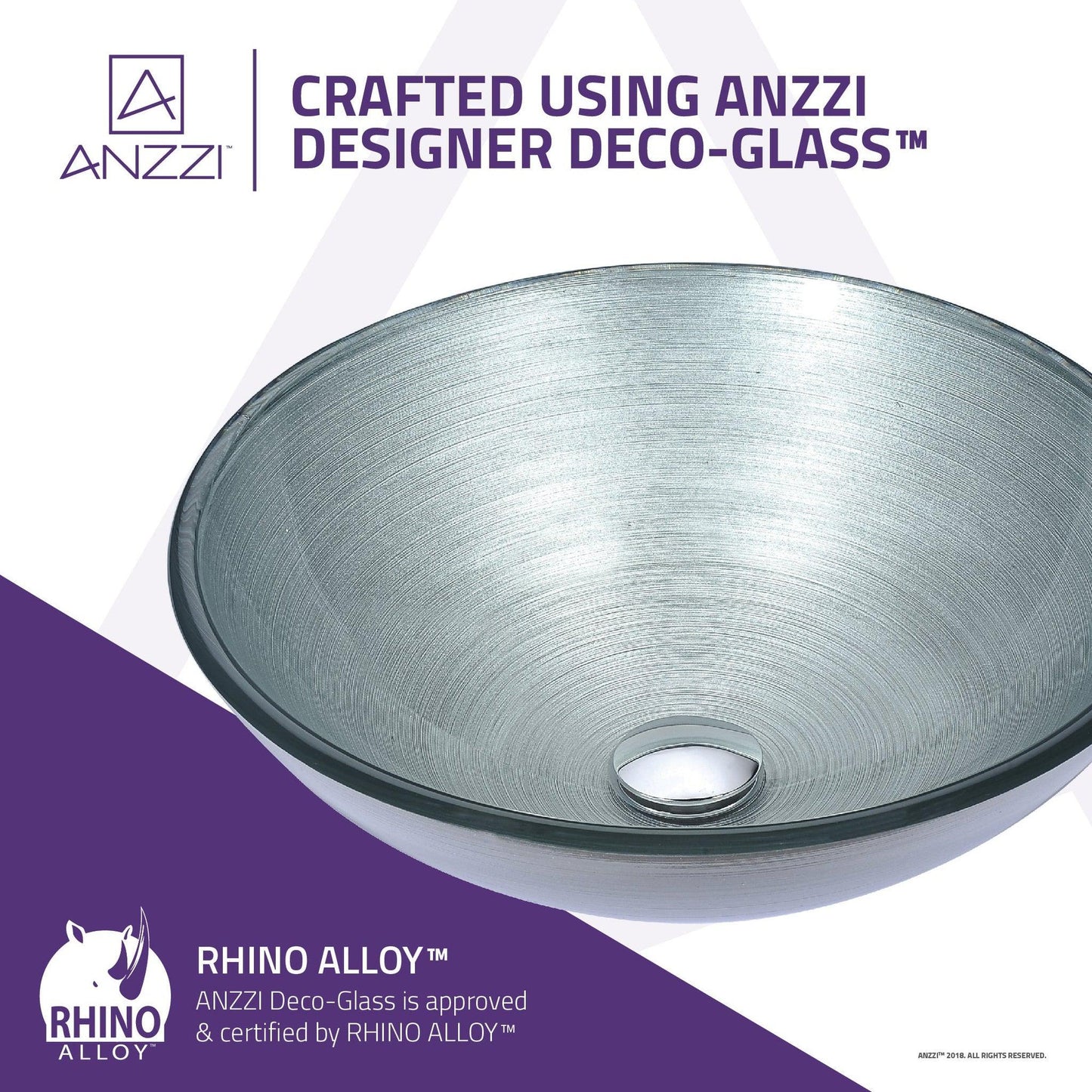 ANZZI Posh Series 17" x 17" Round Brushed Silver Deco-Glass Vessel Sink With Polished Chrome Pop-Up Drain