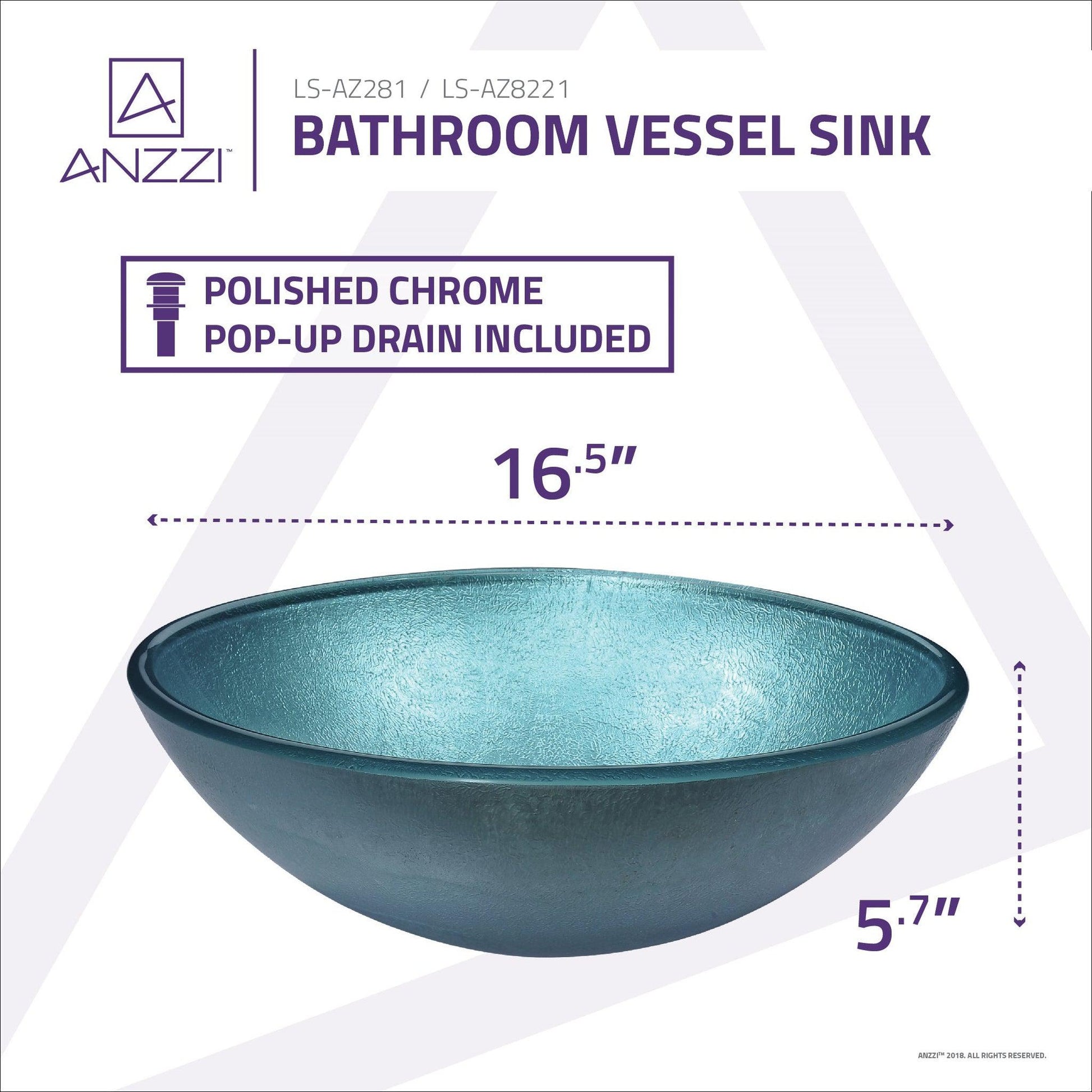 ANZZI Posh Series 17" x 17" Round Coral Blue Deco-Glass Vessel Sink With Polished Chrome Pop-Up Drain