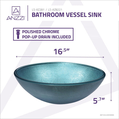 ANZZI Posh Series 17" x 17" Round Coral Blue Deco-Glass Vessel Sink With Polished Chrome Pop-Up Drain