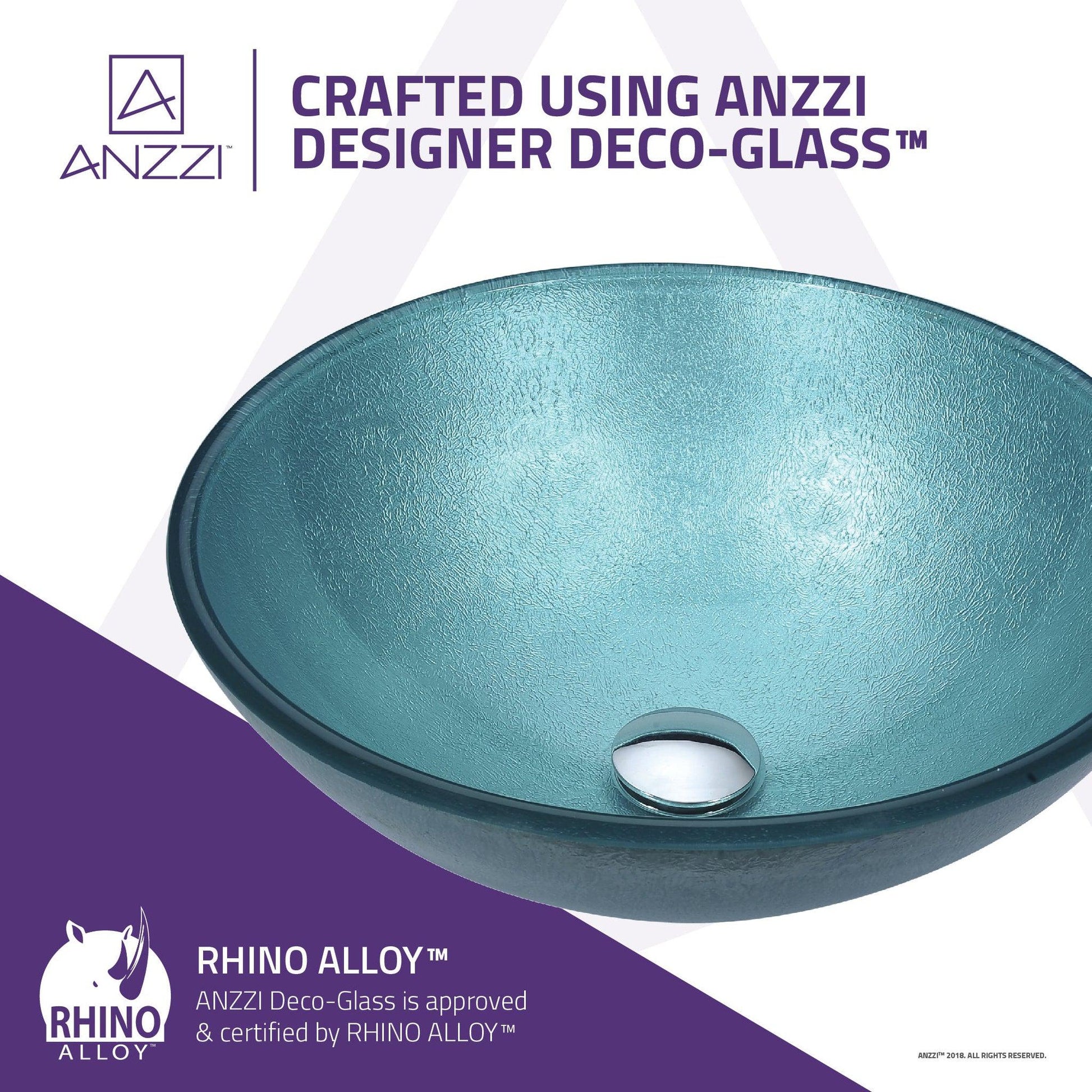 ANZZI Posh Series 17" x 17" Round Coral Blue Deco-Glass Vessel Sink With Polished Chrome Pop-Up Drain