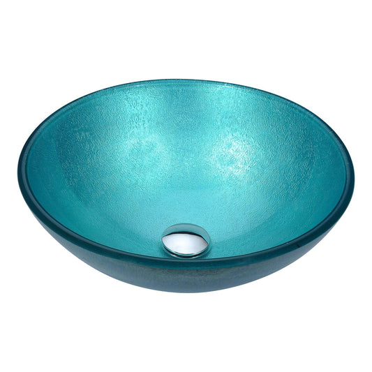 ANZZI Posh Series 17" x 17" Round Coral Blue Deco-Glass Vessel Sink With Polished Chrome Pop-Up Drain