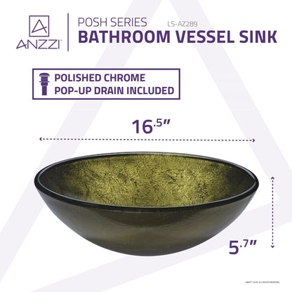 ANZZI Posh Series 17" x 17" Round Verdure Gold Deco-Glass Vessel Sink With Polished Chrome Pop-Up Drain