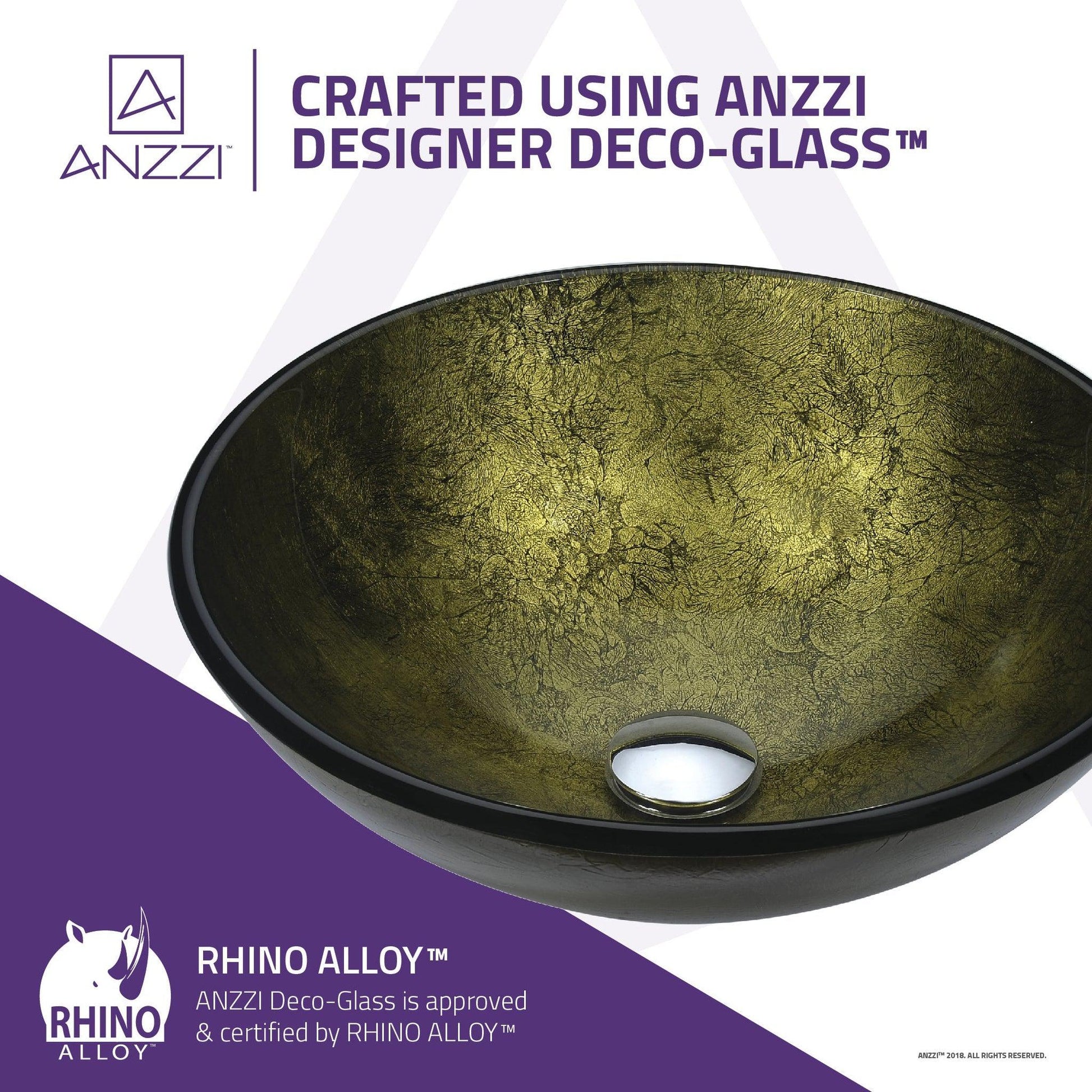 ANZZI Posh Series 17" x 17" Round Verdure Gold Deco-Glass Vessel Sink With Polished Chrome Pop-Up Drain